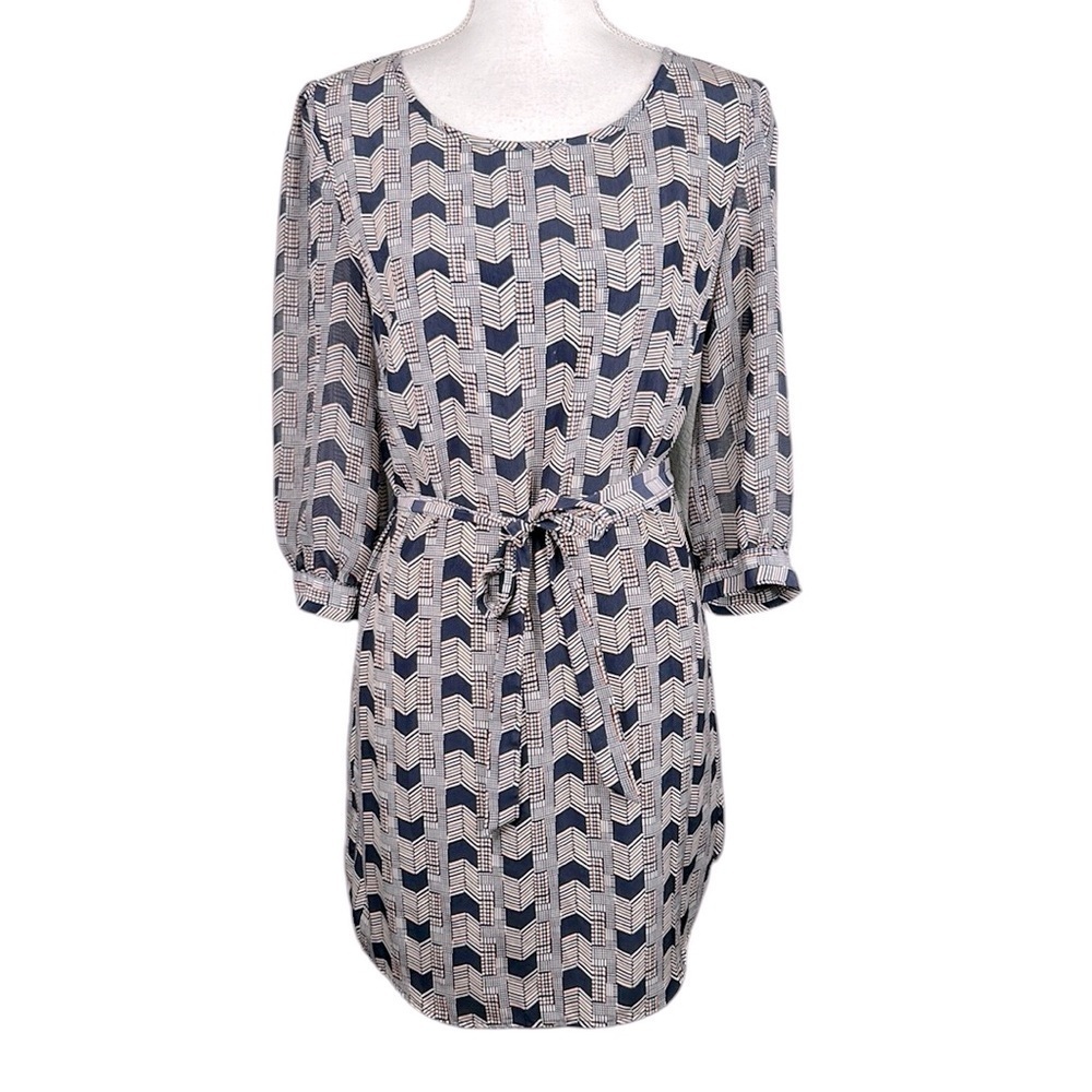 Brigette Bailey Blue & Red Chevron Print Front Tie 3/4 Sleeve Career Dress‎ Sz L